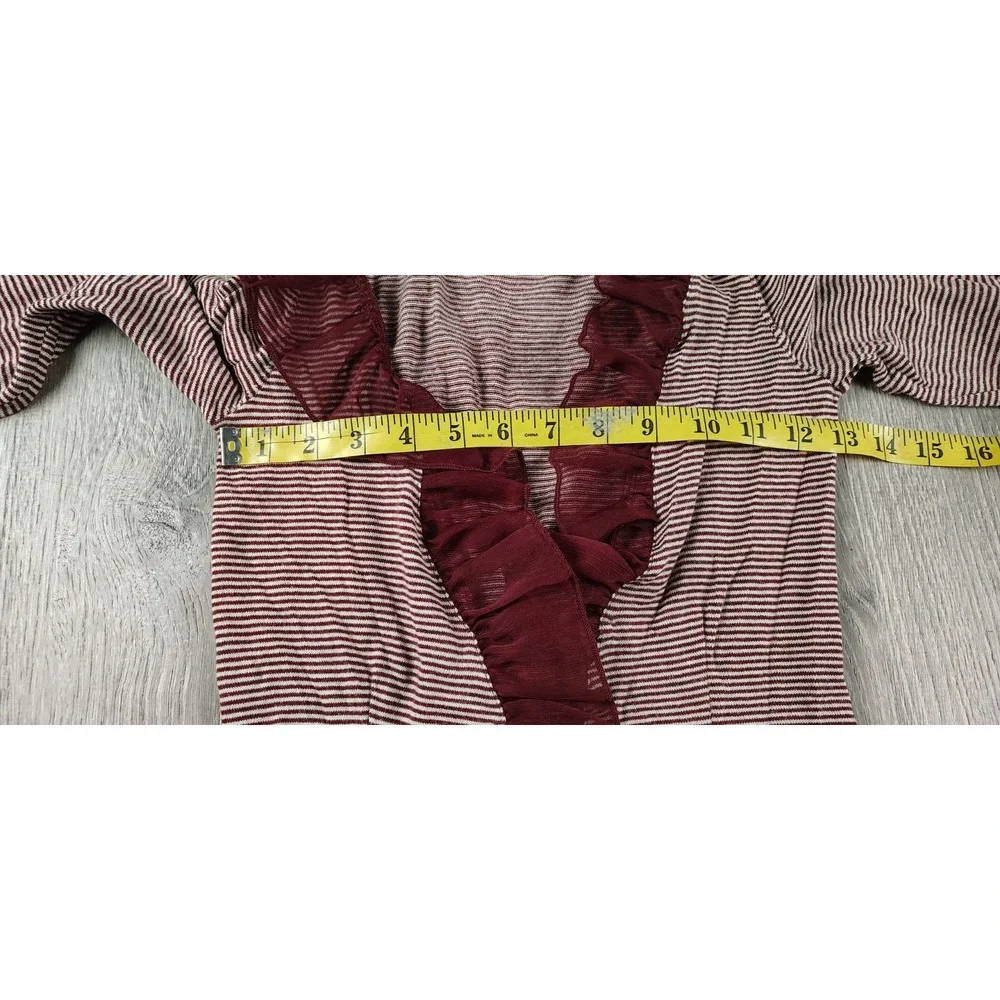 GUINEVERE XS‎ Anthropologie Cardigan Knit Top Ruffle Edge Burgundy Stripe Hook